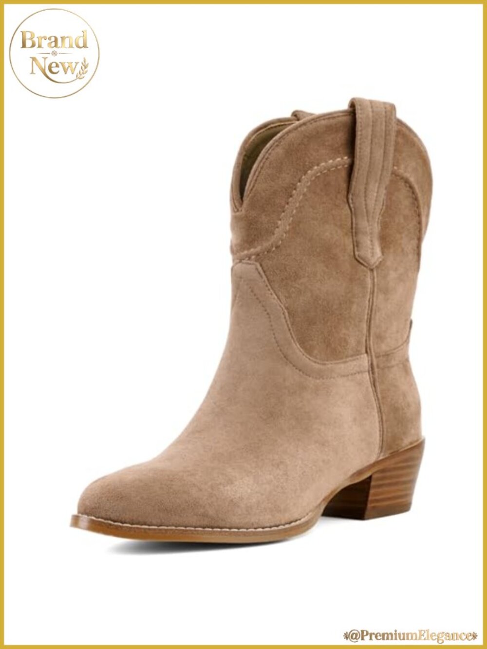 Suede Cowboy Ankle Boots Pointed Toe Chunky Heel Pull-On Western Booties